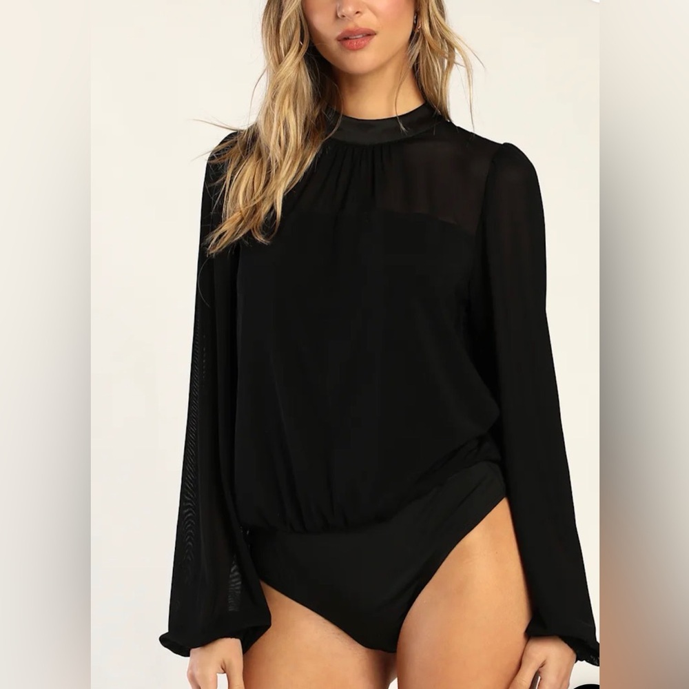 Lulus Chic Image Black Mesh Long Sleeve Bodysuit